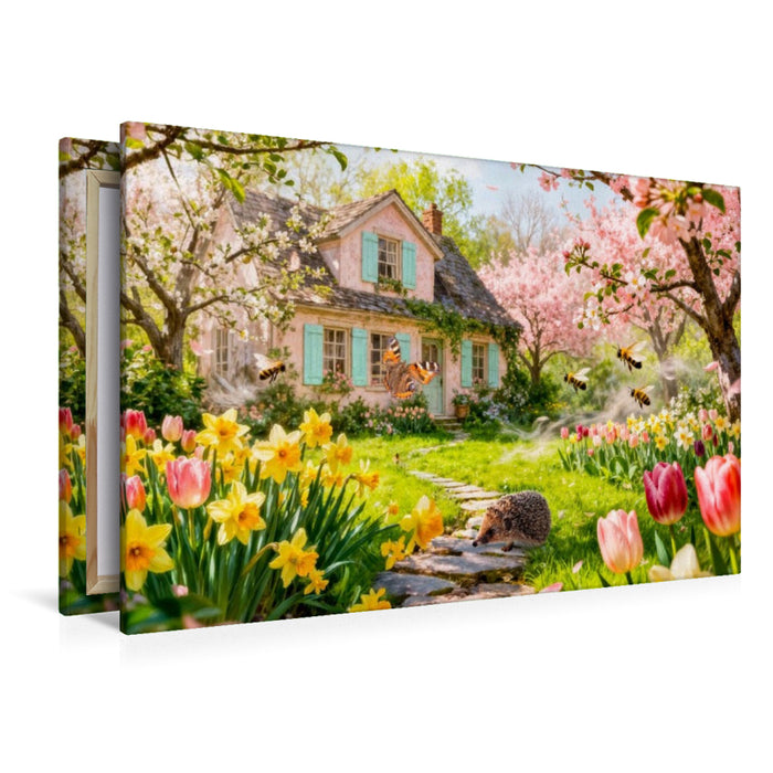 Premium Textil-Leinwand Frühlings‑Cottage im Garten mit Igel und Blütenzauber