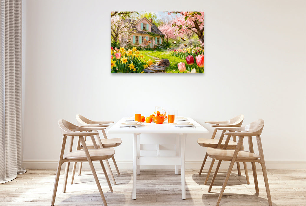 Premium Textil-Leinwand Frühlings‑Cottage im Garten mit Igel und Blütenzauber