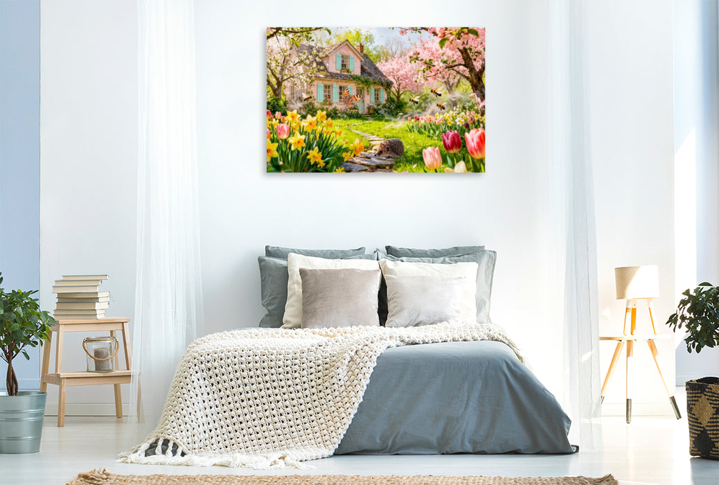 Premium Textil-Leinwand Frühlings‑Cottage im Garten mit Igel und Blütenzauber