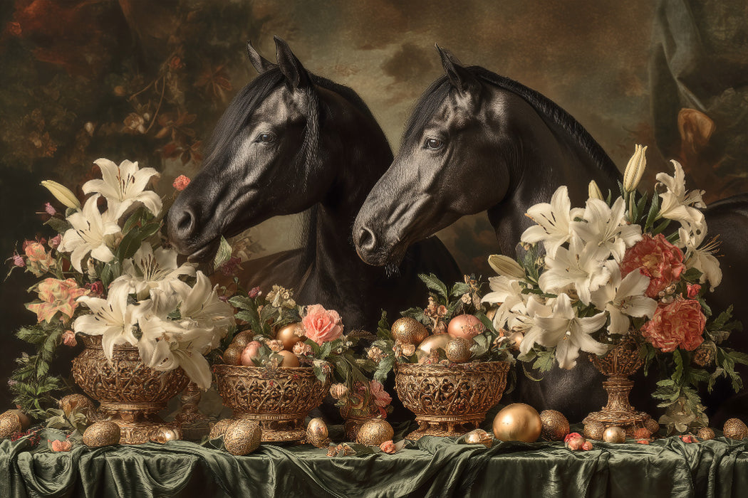 Premium Textil-Leinwand Licht fällt sanft auf neues Leben – Hoffnung steht auf vier Hufen