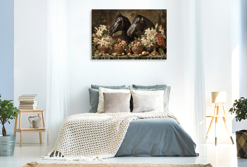 Premium Textil-Leinwand Licht fällt sanft auf neues Leben – Hoffnung steht auf vier Hufen