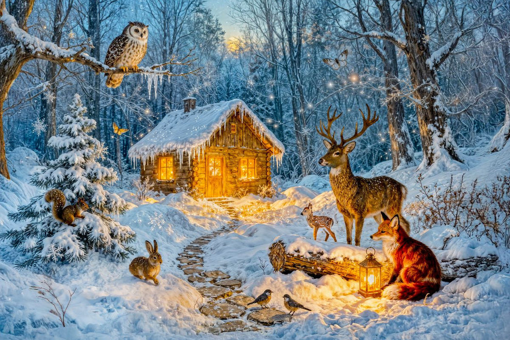 Premium Textil-Leinwand Winter‑Cottage im Wald mit Eule, Hase, Hirsch, Fuchs
