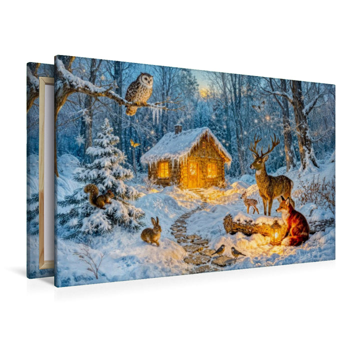 Premium Textil-Leinwand Winter‑Cottage im Wald mit Eule, Hase, Hirsch, Fuchs