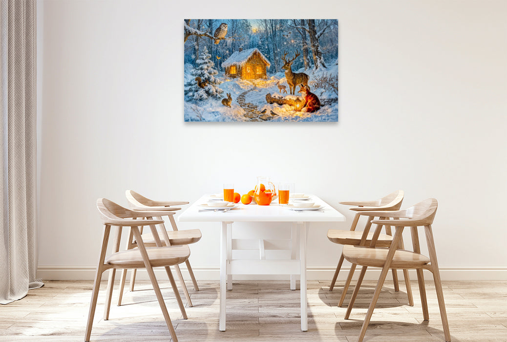 Premium Textil-Leinwand Winter‑Cottage im Wald mit Eule, Hase, Hirsch, Fuchs