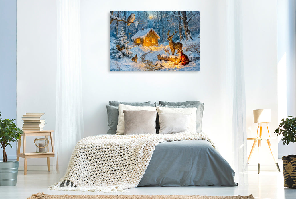 Premium Textil-Leinwand Winter‑Cottage im Wald mit Eule, Hase, Hirsch, Fuchs