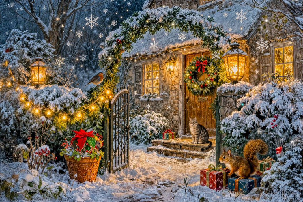 Premium Textil-Leinwand Weihnachts‑Cottage mit Tieren an geschmückter Gartenpforte
