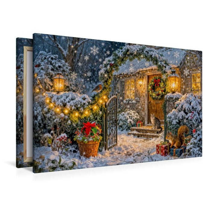 Premium Textil-Leinwand Weihnachts‑Cottage mit Tieren an geschmückter Gartenpforte