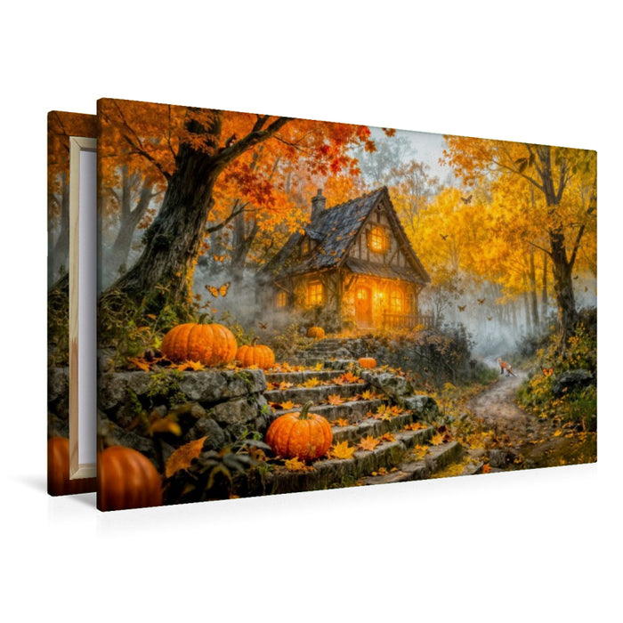 Premium Textil-Leinwand Herbst‑Cottage im bunten Wald mit Kürbis und Fuchs
