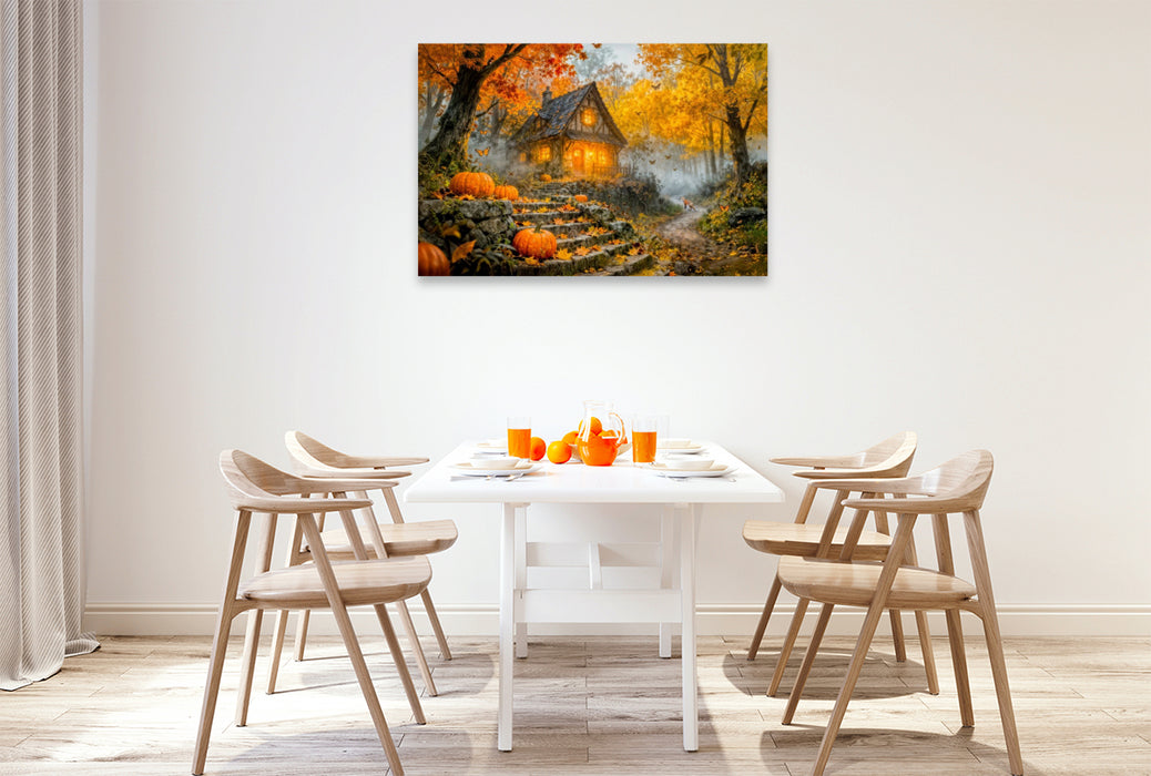 Premium Textil-Leinwand Herbst‑Cottage im bunten Wald mit Kürbis und Fuchs
