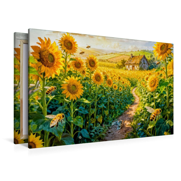 Premium Textil-Leinwand Cottage im Sonnenblumenfeld mit Katze auf dem Weg