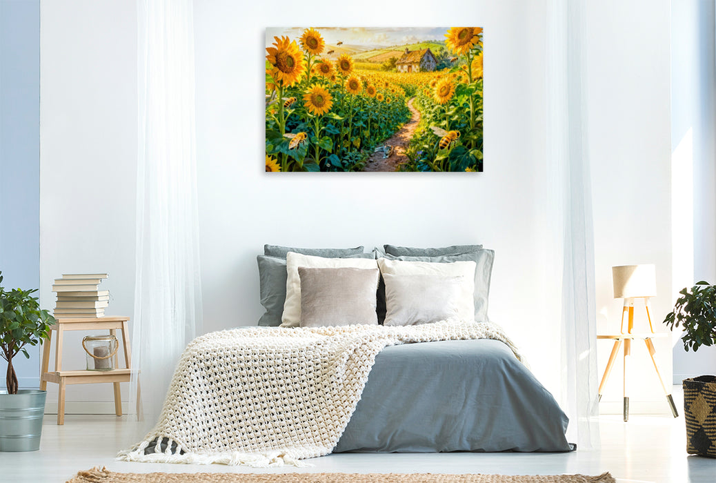 Premium Textil-Leinwand Cottage im Sonnenblumenfeld mit Katze auf dem Weg
