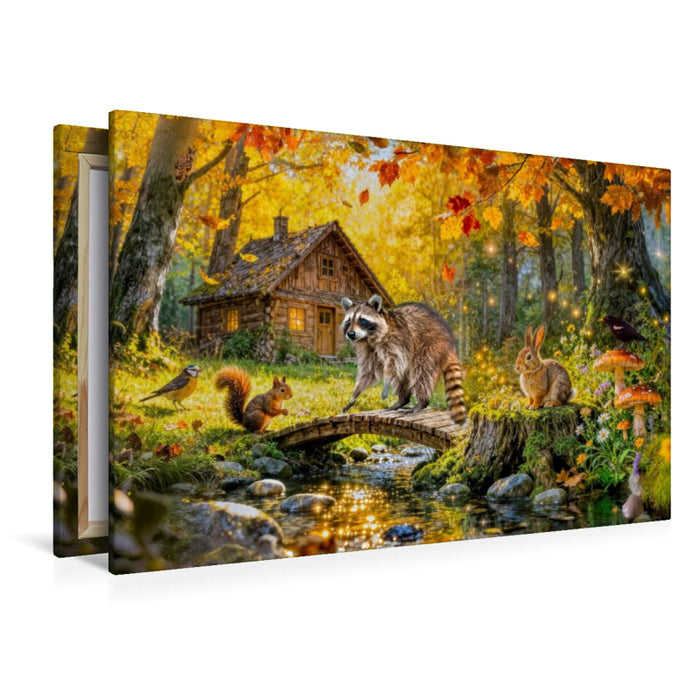 Premium Textil-Leinwand Herbst‑Cottage am Bach mit Ahornbaum und Waldtieren
