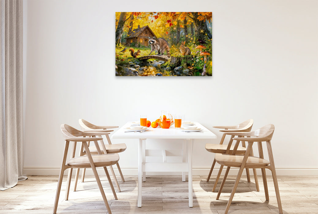 Premium Textil-Leinwand Herbst‑Cottage am Bach mit Ahornbaum und Waldtieren