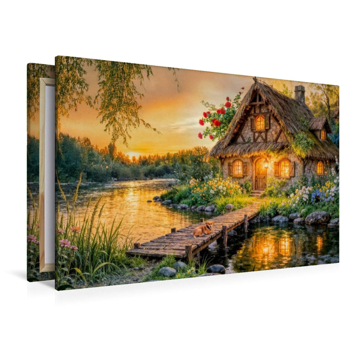 Premium Textil-Leinwand Spätsommer‑Cottage am Fluss mit Hund auf der Brücke