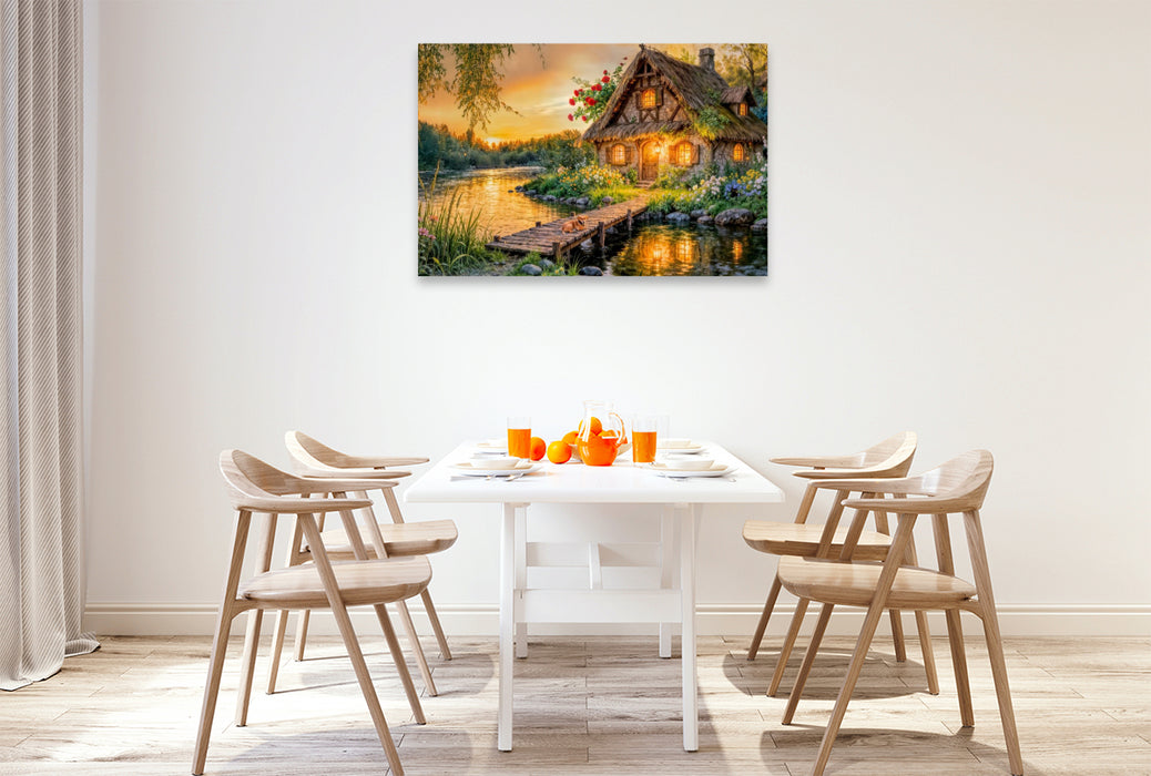 Premium Textil-Leinwand Spätsommer‑Cottage am Fluss mit Hund auf der Brücke