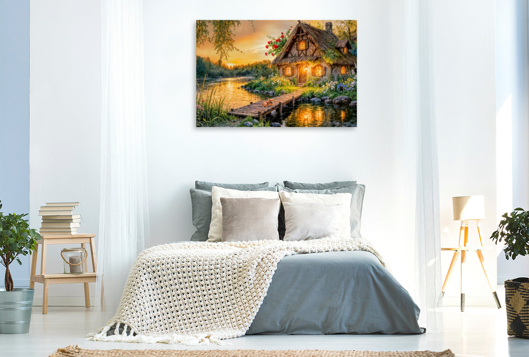 Premium Textil-Leinwand Spätsommer‑Cottage am Fluss mit Hund auf der Brücke