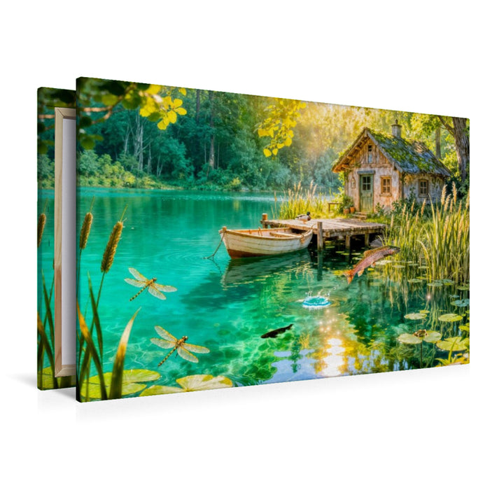 Premium Textil-Leinwand Cottage am Weiher mit Fischhütte, Boot und Forelle