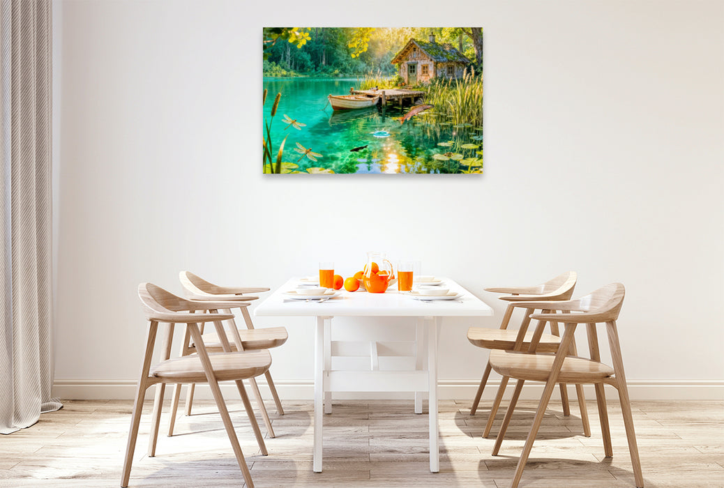Premium Textil-Leinwand Cottage am Weiher mit Fischhütte, Boot und Forelle