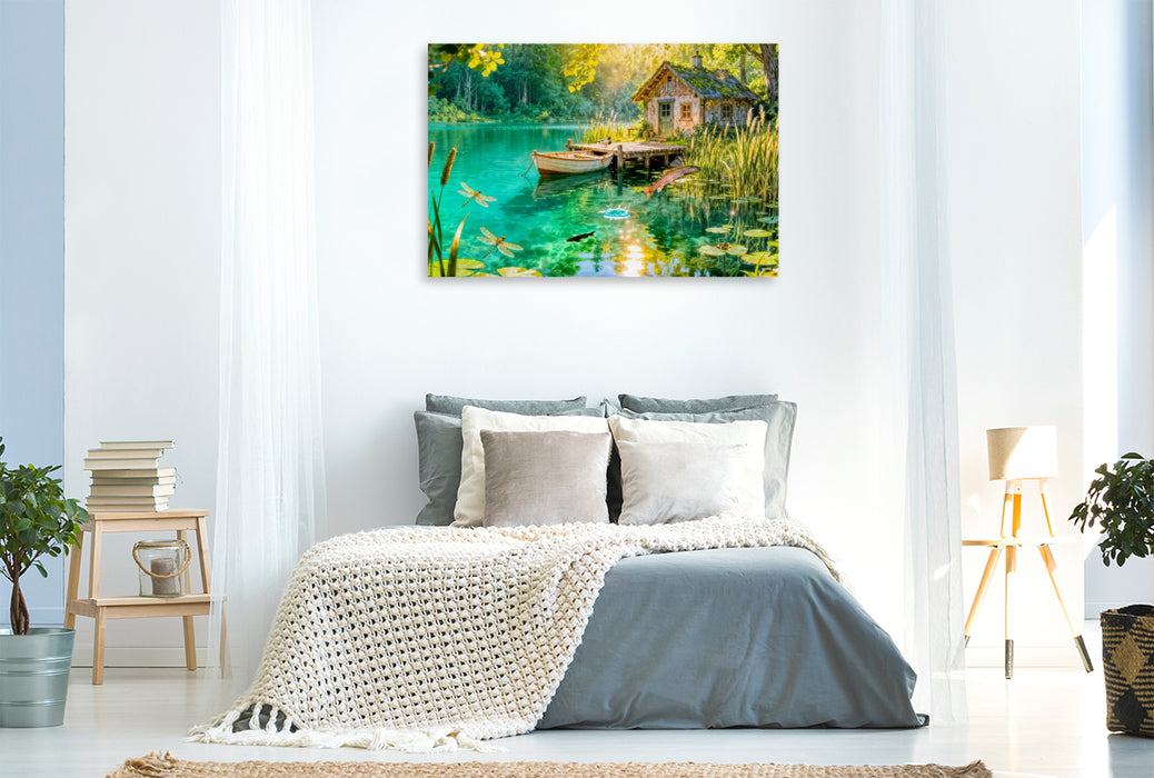 Premium Textil-Leinwand Cottage am Weiher mit Fischhütte, Boot und Forelle