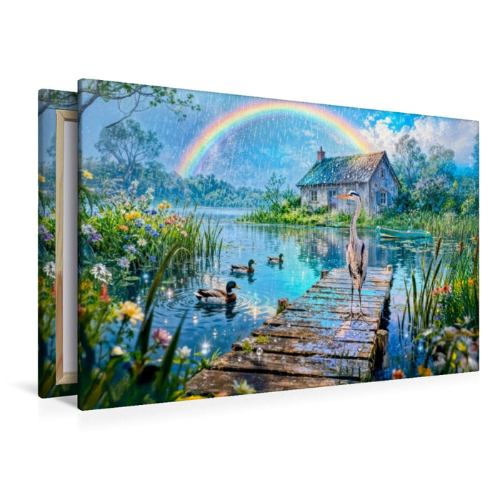Premium Textil-Leinwand Cottage am See mit Regenbogen und Wasservögeln