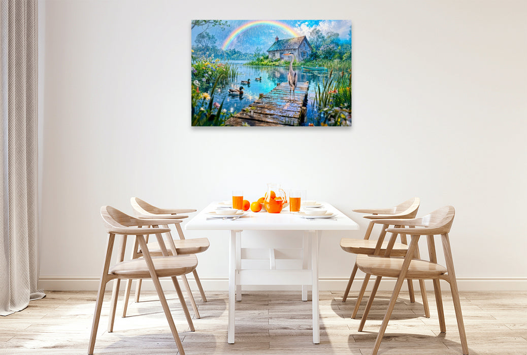Premium Textil-Leinwand Cottage am See mit Regenbogen und Wasservögeln