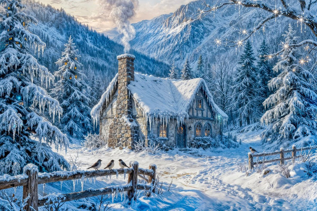 Premium Textil-Leinwand Winter‑Cottage im Bergwald mit Zaun und Waldvögeln