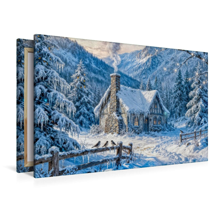 Premium Textil-Leinwand Winter‑Cottage im Bergwald mit Zaun und Waldvögeln