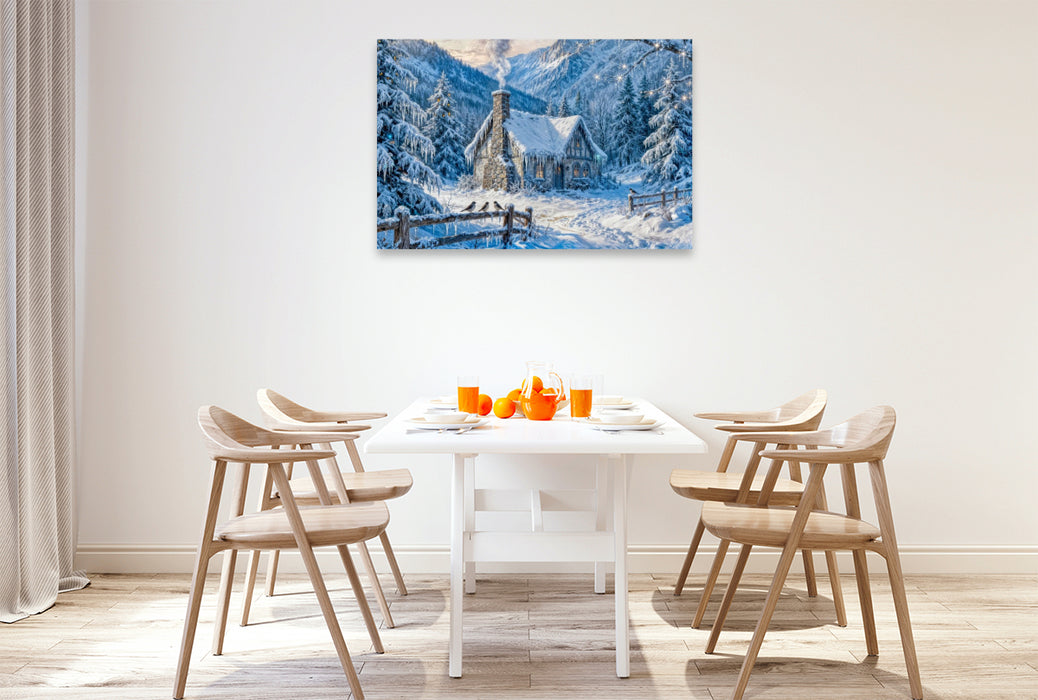 Premium Textil-Leinwand Winter‑Cottage im Bergwald mit Zaun und Waldvögeln