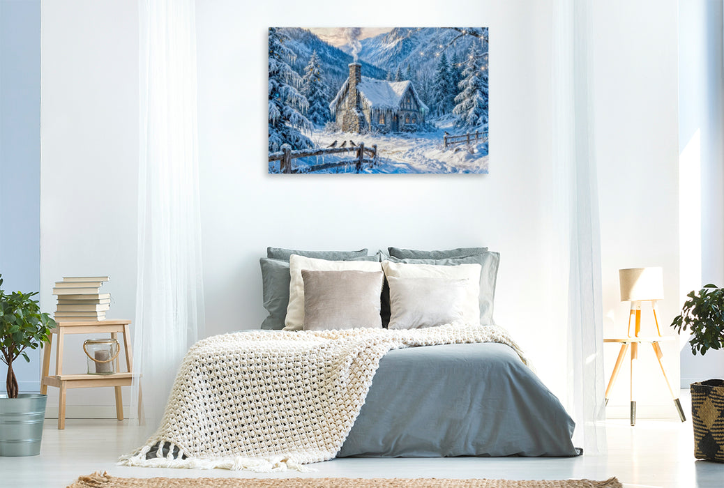 Premium Textil-Leinwand Winter‑Cottage im Bergwald mit Zaun und Waldvögeln