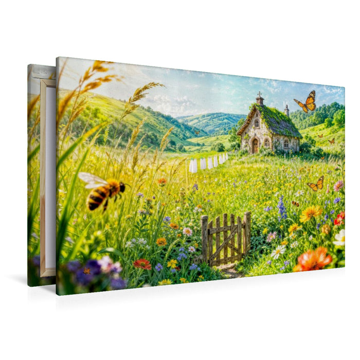 Premium Textil-Leinwand Sommer‑Cottage auf Blumenwiese mit Wäscheleine