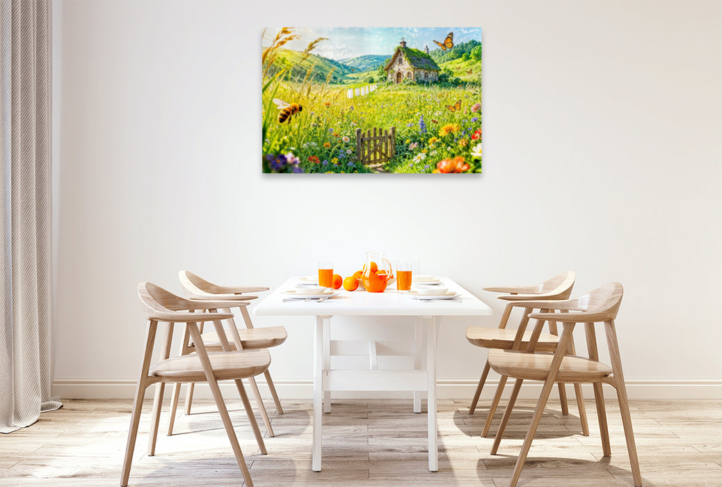 Premium Textil-Leinwand Sommer‑Cottage auf Blumenwiese mit Wäscheleine