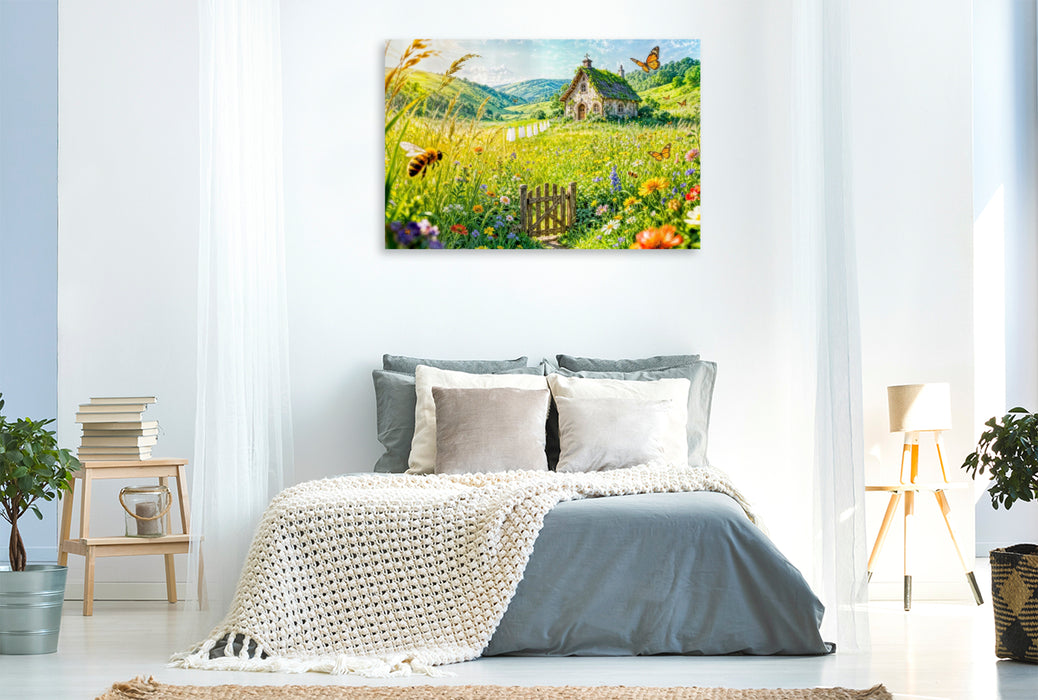 Premium Textil-Leinwand Sommer‑Cottage auf Blumenwiese mit Wäscheleine