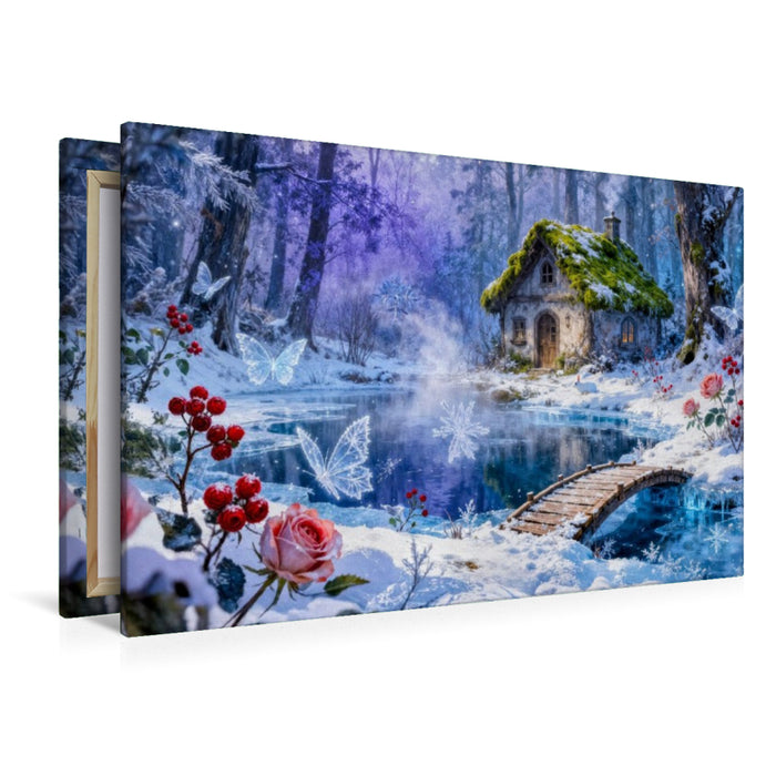 Premium Textil-Leinwand Winter‑Cottage am Bach mit Brücke und Rosenzauber