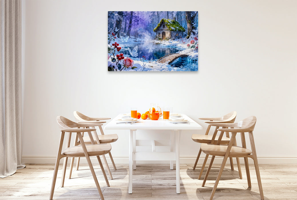 Premium Textil-Leinwand Winter‑Cottage am Bach mit Brücke und Rosenzauber