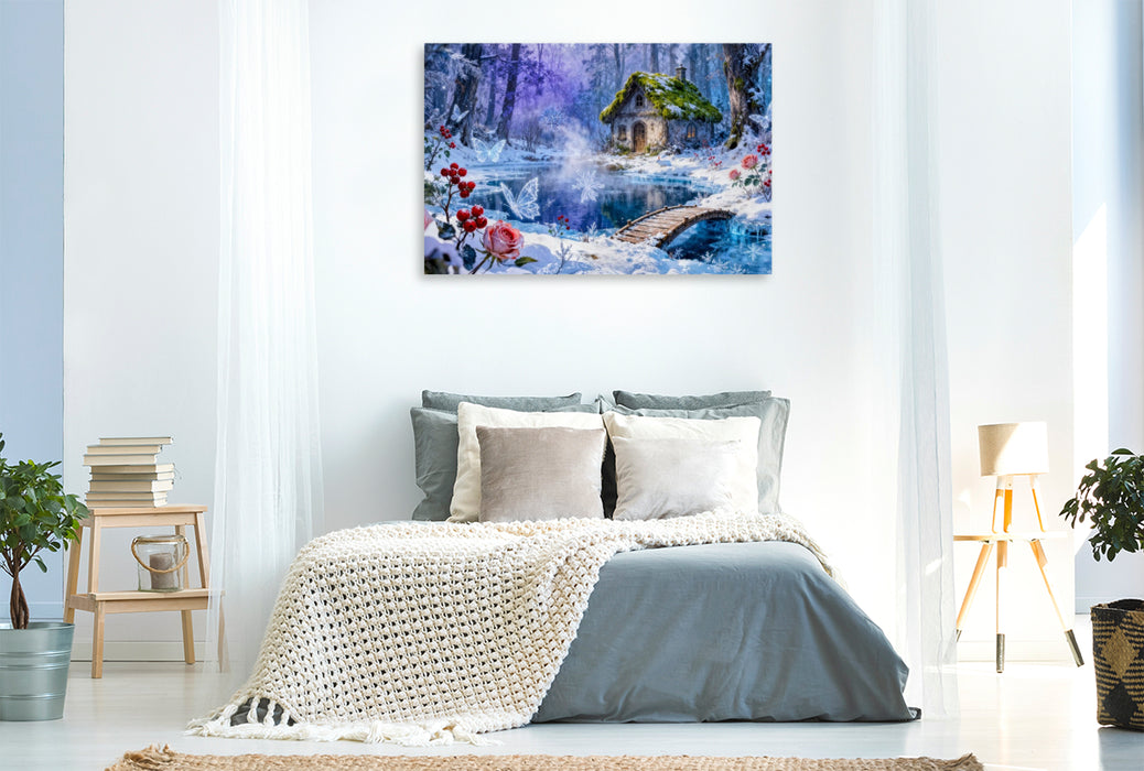 Premium Textil-Leinwand Winter‑Cottage am Bach mit Brücke und Rosenzauber