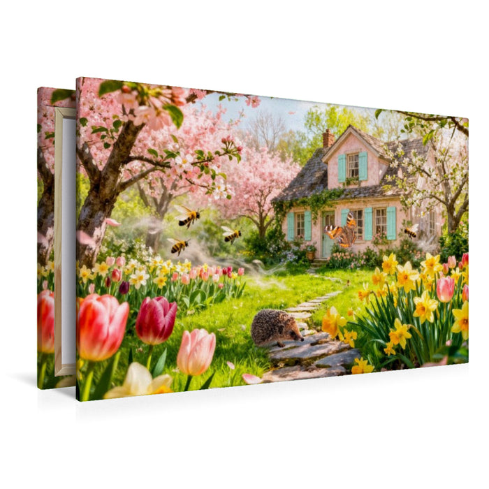 Premium Textil-Leinwand Frühlings‑Cottage mit Igel und blühenden Kirschbäumen