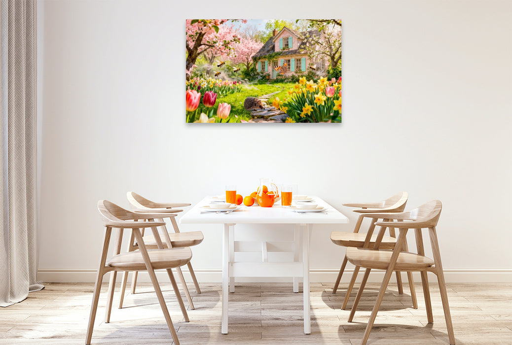 Premium Textil-Leinwand Frühlings‑Cottage mit Igel und blühenden Kirschbäumen