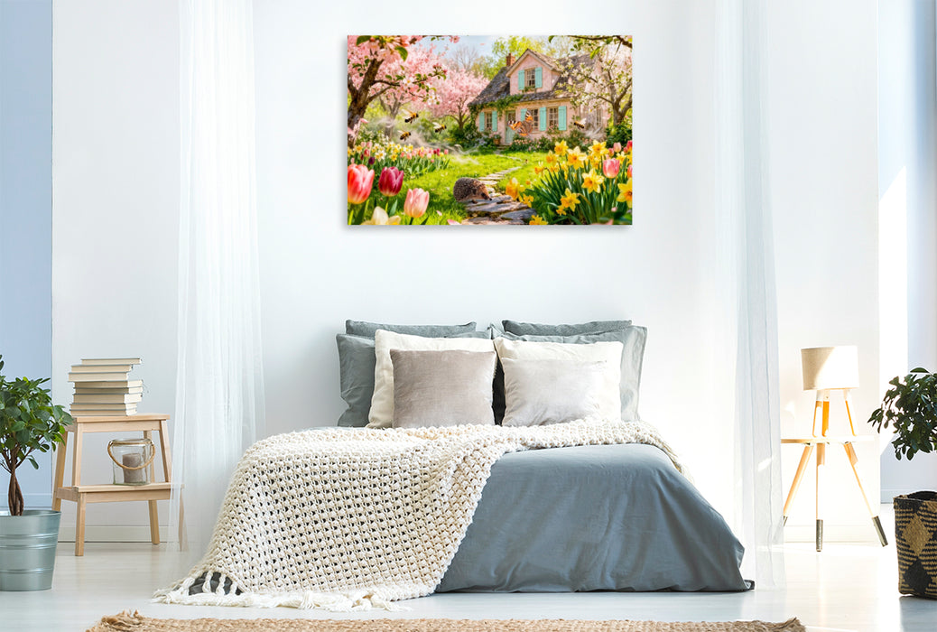 Premium Textil-Leinwand Frühlings‑Cottage mit Igel und blühenden Kirschbäumen