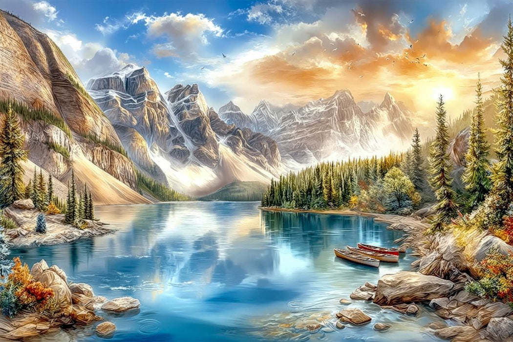 Premium Textil-Leinwand Der Moraine Lake - ein von Gletschern gespeister Bergsee in den Rocky Mountains