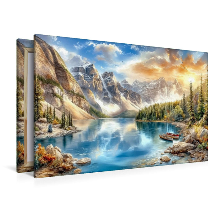 Premium Textil-Leinwand Der Moraine Lake - ein von Gletschern gespeister Bergsee in den Rocky Mountains