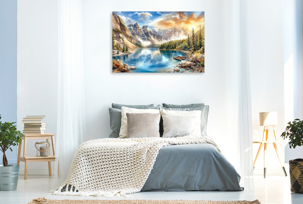 Premium Textil-Leinwand Der Moraine Lake - ein von Gletschern gespeister Bergsee in den Rocky Mountains