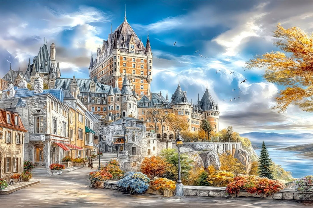 Premium Textil-Leinwand Die historische Altstadt von Québec mit Blick auf das majestätische Château Frontenac