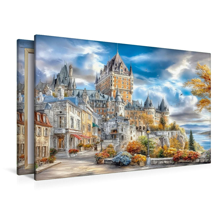 Premium Textil-Leinwand Die historische Altstadt von Québec mit Blick auf das majestätische Château Frontenac