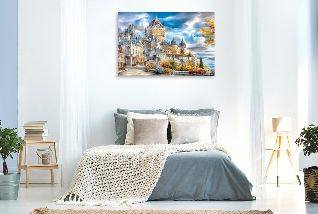 Premium Textil-Leinwand Die historische Altstadt von Québec mit Blick auf das majestätische Château Frontenac