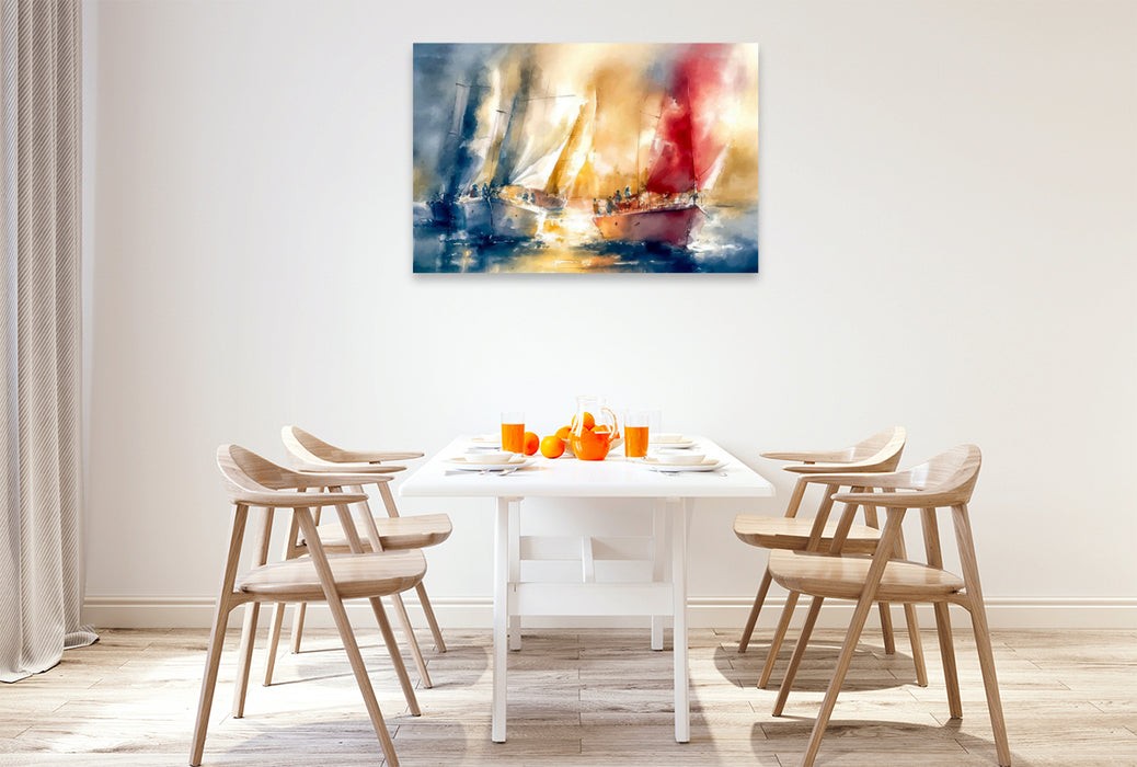 Premium Textil-Leinwand Dynamik in Blau, Gelb und Rot