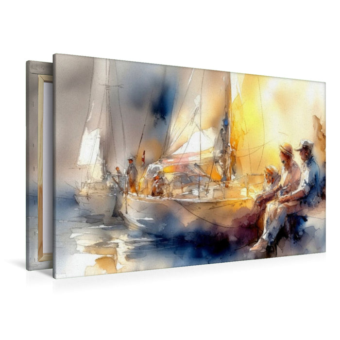 Premium Textil-Leinwand Klönschnack auf der Hafenmauer