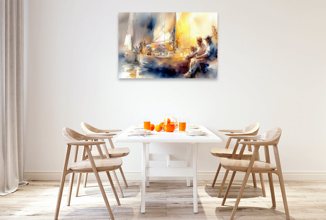 Premium Textil-Leinwand Klönschnack auf der Hafenmauer