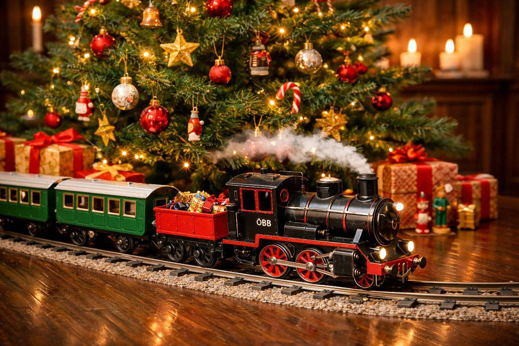 Premium Textil-Leinwand Weihnachtliche Eisenbahn unter dem Christbaum