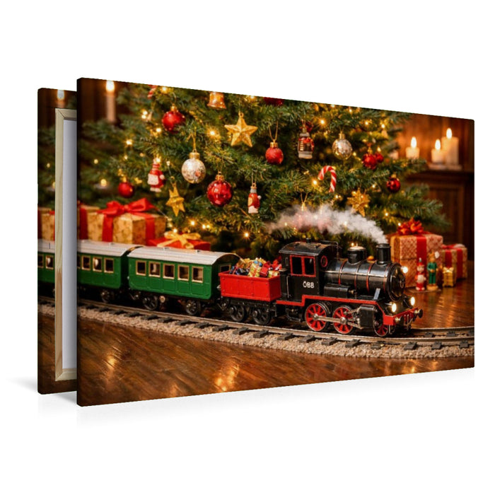 Premium Textil-Leinwand Weihnachtliche Eisenbahn unter dem Christbaum