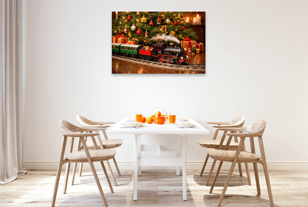 Premium Textil-Leinwand Weihnachtliche Eisenbahn unter dem Christbaum